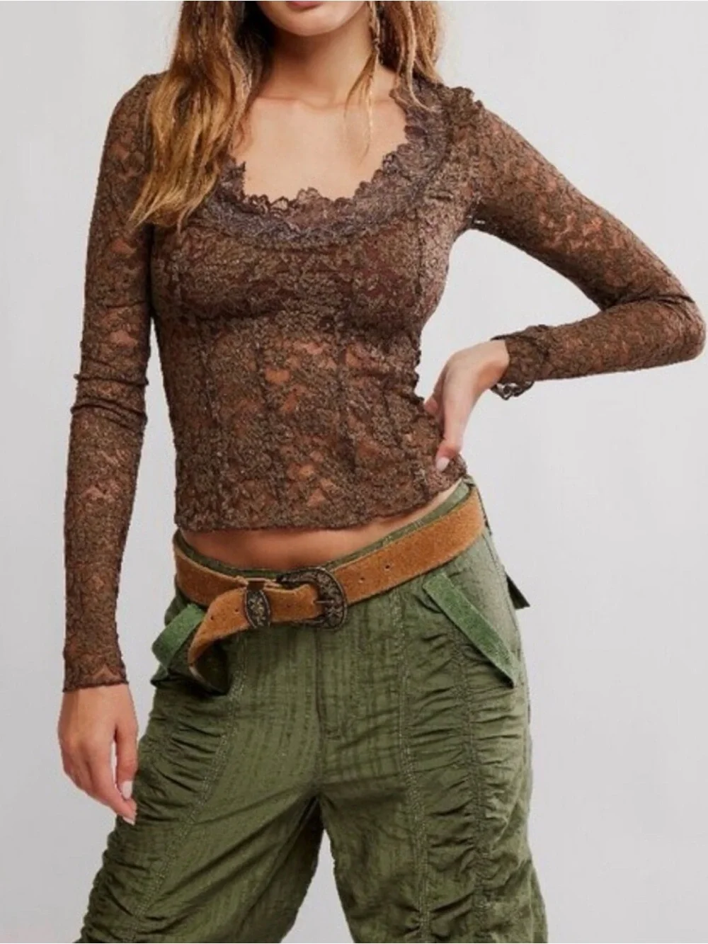 Free People All Night Lace Long Sleeve Top - Brown M